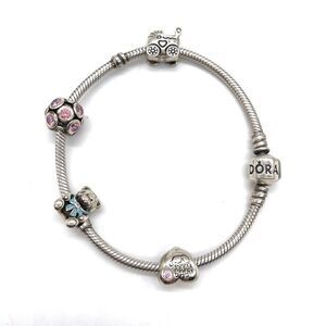 Pandora Charm Bracelet with 4 charms Babycarriage HeartTeddyBear/Pink Ball